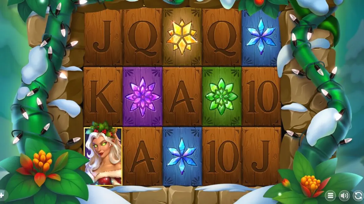 Tampilan visual slot Holly dengan latar belakang hutan musim dingin yang bersalju dan dekorasi kayu.