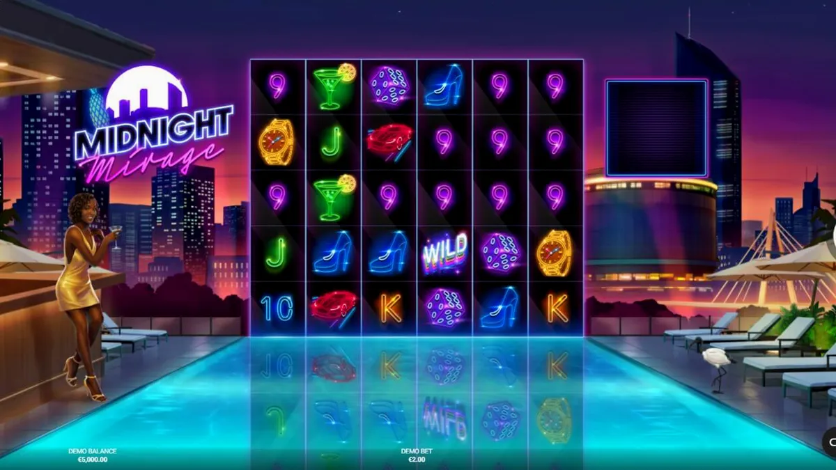 Pemandangan neon rooftop bar dalam slot Midnight Mirage dengan estetika retro Miami Vice