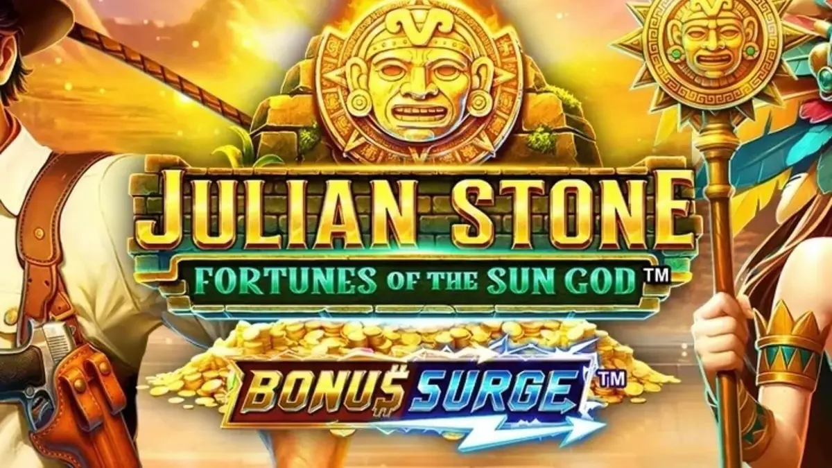 Tampilan visual slot Julian Stone: Fortunes of the Sun God dengan latar belakang reruntuhan Aztec dan hutan tropis.